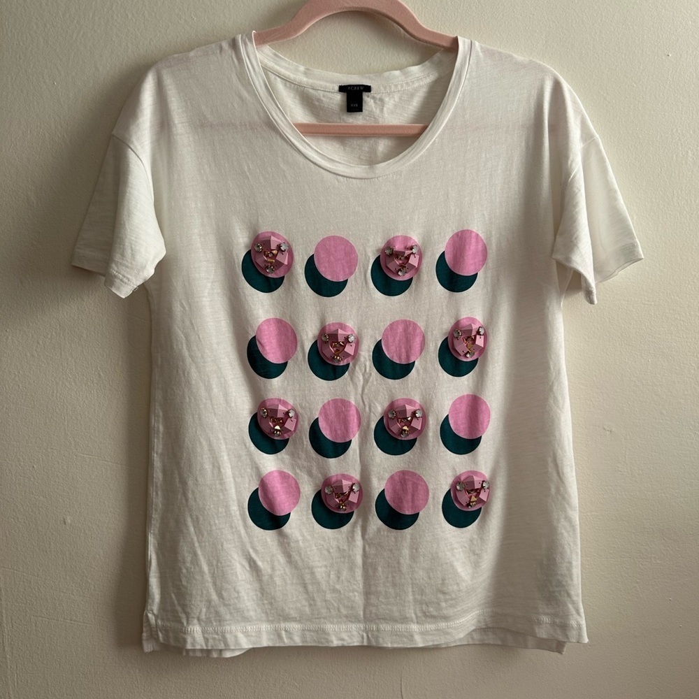 J. Crew White Tee with Pink and Green Design